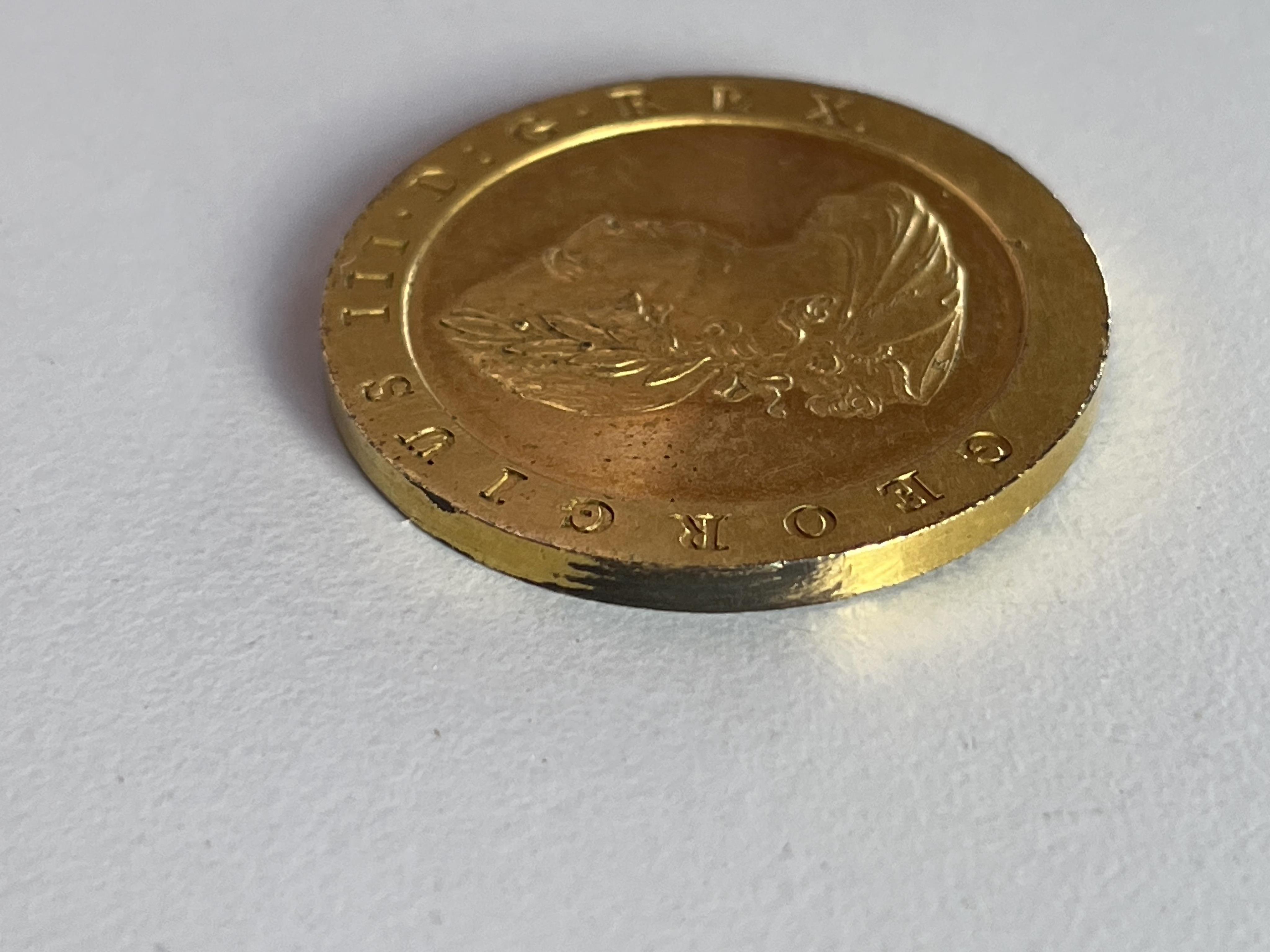 British Coins, George III, Proof Penny, 1797, late Soho, struck in gilt-copper, S. 3777, test-mark on edge at 10 o’clock, otherwise EF, very rare.